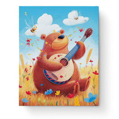 Musical Bear Adventure paint by numbers featuring a cheerful brown bear strumming a guitar amidst playful bees and vibrant wildflowers. Enhance mindfulness with miicreative's engaging kit.