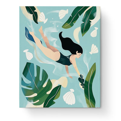 Elegant Diver in Nature - Minimalistic by miicreative. A serene scene featuring a woman swimming among leaves and seashells, emphasizing relaxation and creativity.