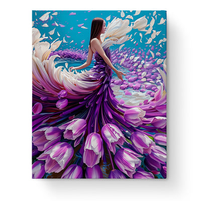 A serene image depicting a woman in a purple tulip dress amidst swirling petals, embodying mindfulness and creativity. Whimsical Tulip Dream - Floral Women by miicreative.