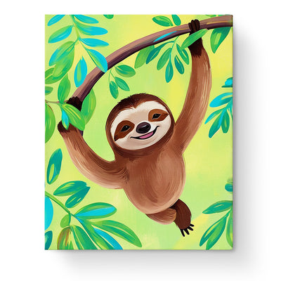 An engaging image of a playful sloth adventure paint by numbers kit from miicreative. Featuring a smiling sloth hanging from a branch amidst bright green leaves. Ideal for mindfulness and creativity.