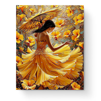 Golden Graceful Lady from miicreative features a woman in a flowing yellow dress surrounded by vibrant orange flowers. Perfect for creativity and mindfulness.