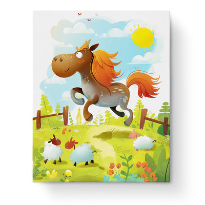 Happy Farm Animals Adventure by miicreative shows a playful horse and sheep in a sunny farm setting. Engage in mindful creativity with this kids' kit.