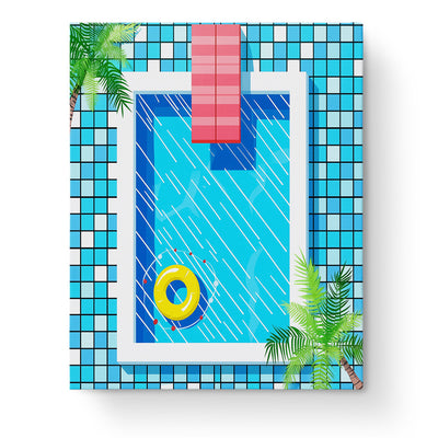 Sunny Poolside Scene - Minimalistic by miicreative. The image shows a vibrant swimming pool with a yellow float and palm trees, emphasizing relaxation and mindfulness through color and simplicity.