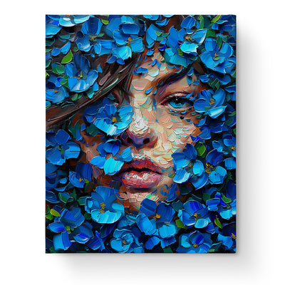 Blue Blossom Portrait - Floral Women kit by miicreative. A striking face surrounded by vibrant blue petals, enhancing mindfulness and creativity.