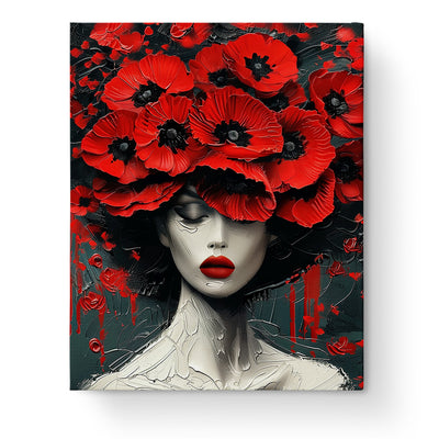 A stunning paint by numbers image titled Red Poppies Radiance by miicreative. Features a woman's serene face surrounded by vivid red poppies, emphasizing mindfulness and creativity.