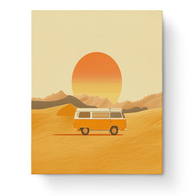 A vibrant desert scene with an orange van under a setting sun, part of the 'Sunset Adventure Van - Minimalistic' by miicreative. A soothing and creative activity.