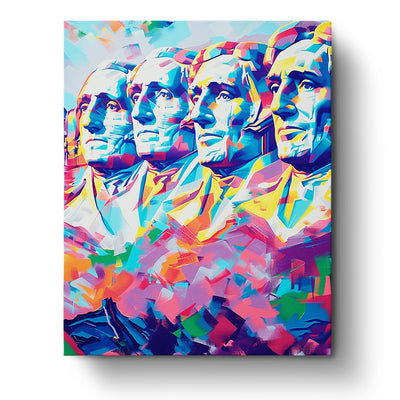 A vibrant paint by numbers kit of Mount Rushmore featuring bold colors and geometric shapes, a product by miicreative, encouraging mindfulness and creativity.