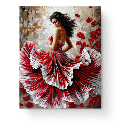 Elegant Red Dress - Floral Women by miicreative. Featuring a swirling red and white dress amidst a backdrop of abstract petals. Perfect for mindfulness.