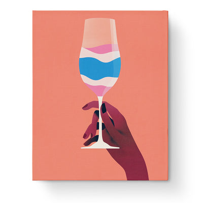 A minimalistic glass in shades of pink and blue, held by a hand. Elegant Glass Art - miicreative offers mindfulness and creativity in every brushstroke.