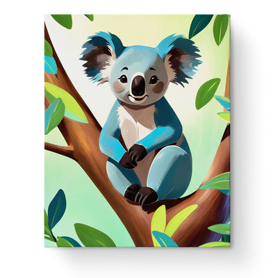 A charming blue koala on a tree, part of the Blue Koala Adventure - Kids paint by numbers kit from miicreative. Bright colors and a playful design promote mindfulness.