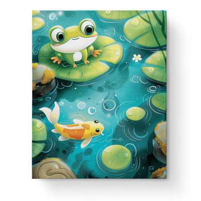 Frog and Fish Pond - Kids paint by numbers kit by miicreative. Features a cheerful frog on a lily pad and a colorful koi fish in a serene pond, ideal for mindfulness and creative expression.