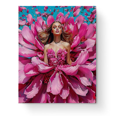 Radiant Blossom Embrace - Floral Women by miicreative. A serene woman surrounded by lush pink flowers against a vibrant blue sky, emphasizing mindfulness and creativity.