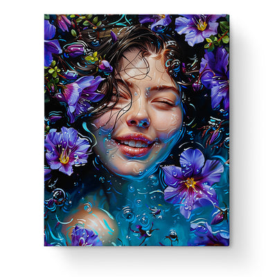 A mesmerizing artwork featuring a woman surrounded by vibrant purple blossoms and tranquil water, depicting Serene Blossoms Awakening from miicreative. Capture the essence of mindfulness and creativity with this paint by numbers kit.