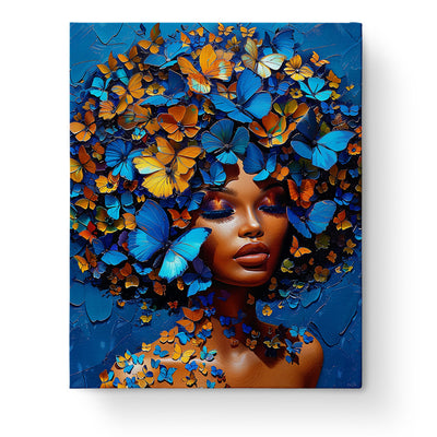 Blue and Orange Butterfly Dream - Floral Women paint by numbers kit by miicreative. A stunning mix of blue and orange butterflies crowning a serene woman, promoting creativity and mindfulness.