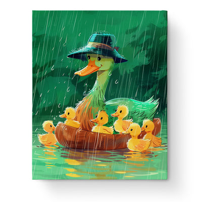 Rainy Day Duck Family - Kids by miicreative. A delightful scene of a duck family enjoying a rainy day. Perfect for mindfulness and creativity, featuring vibrant colors and a joyful family moment.