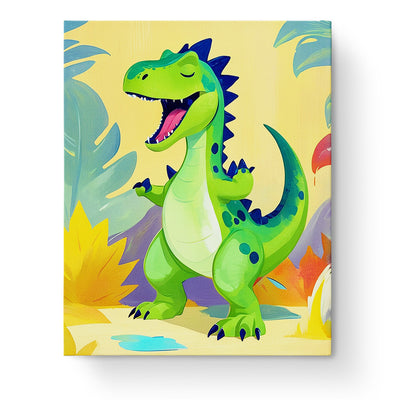 Playful Dinosaur Adventure - Kids paint by numbers kit by miicreative. Bright green dinosaur in a vibrant jungle setting, inspiring creativity and mindfulness.