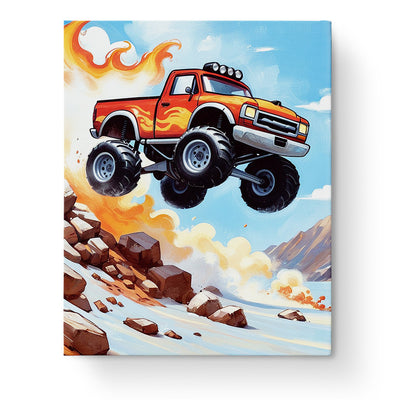 Monster Truck Adventure - Kids painting kit by miicreative. Features a fiery red monster truck soaring over a rugged landscape. Encourages creativity and mindfulness.