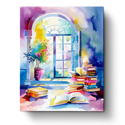 An inviting library scene with colorful books and open doors, titled 'Serene Library Escape - Bohemian Vibes'. Brought to life by miicreative, this kit emphasizes mindfulness and creativity with vibrant colors.