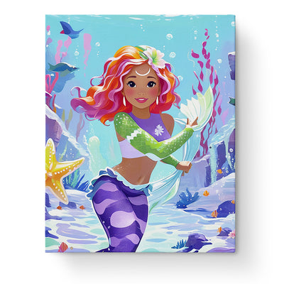 A vibrant underwater scene featuring a colorful mermaid with flowing hair and a starfish, from miicreative. The Colorful Mermaid Adventure - Kids kit offers mindfulness and creativity.