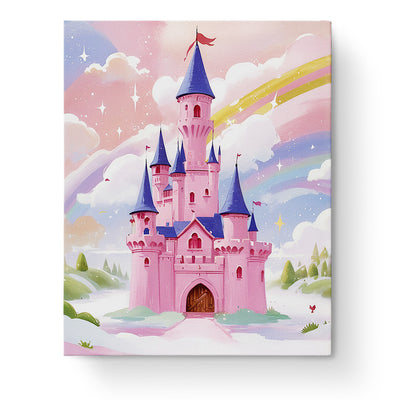 Magical Castle Adventure - Kids by miicreative. A dreamy pink castle with blue roofs, surrounded by rainbows and stars. Perfect for inspiring creativity in children.