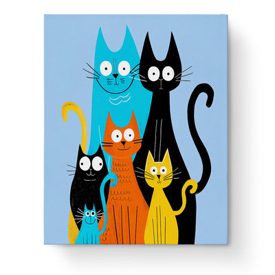 Image of a Colorful Cat Family with playful expressions in vibrant hues of blue, black, orange, and yellow. miicreative's paint by numbers fixed kits promotes creativity and mindfulness.