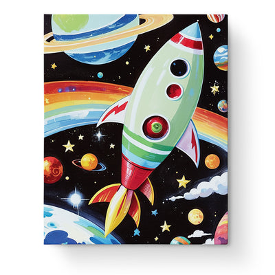 A vibrant image of a space adventure rocket with planets and stars. Space Adventure Rocket - Kids by miicreative. Encourages creativity and mindfulness.