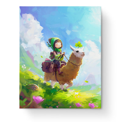 Adventure with Llama - Kids by miicreative. A joyful child riding a llama in a colorful landscape under a bright blue sky. Perfect for stimulating creativity and mindfulness.