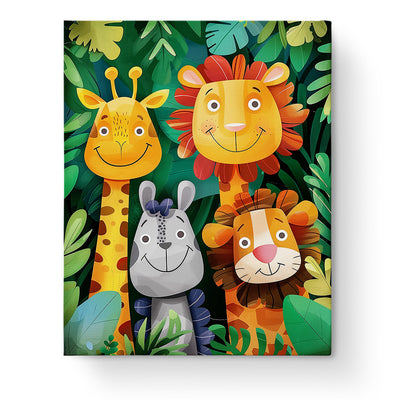 Jungle Friends Painting Set by miicreative. Features smiling giraffe, lion, and rhino in vibrant rainforest colors. Encourages mindfulness and creativity.