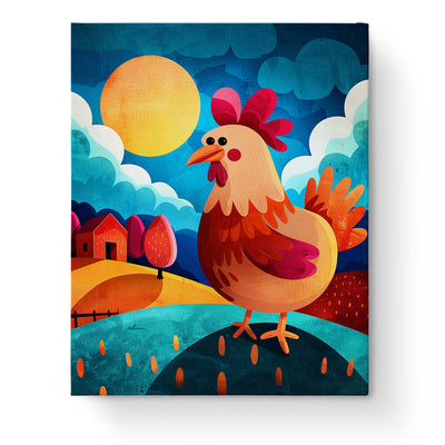 Colorful rooster under a bright sun in a playful farm scene, designed as a cheerful rooster art set for kids. miicreative's fixed paint by numbers kit encourages mindfulness and creativity.