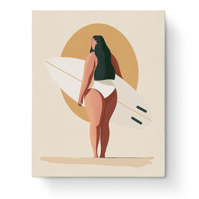 Serene Surfer Silhouette - Minimalistic by miicreative. A calming image of a silhouette of a surfer holding a surfboard against a large sun, promoting mindfulness and creativity.