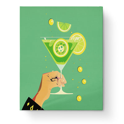 Refreshing Citrus Cocktail - Minimalistic paint by numbers kit by miicreative. Features a green background with a citrus drink and hand, offering a mindful, artistic experience.