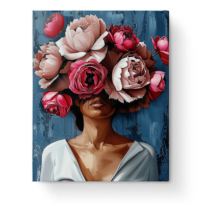 Blooming Elegance - Floral Women by miicreative. A serene image of a woman adorned with vibrant pink and peach flowers, embodying mindfulness and creativity.