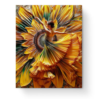 Sunflower Elegance artwork featuring a graceful woman intertwined with vibrant sunflower petals. miicreative offers this paint by numbers kit for a mindful and creative escape.