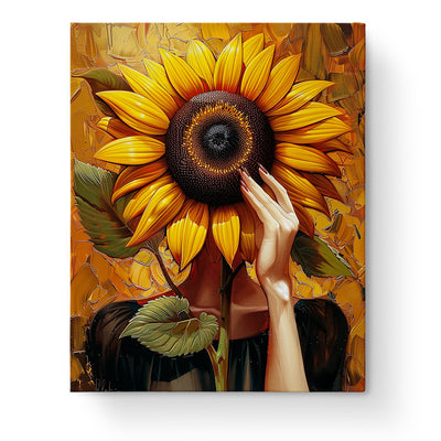 Sunflower Serenity - Floral Women paint by numbers kit from miicreative. Features a vibrant sunflower with rich yellows and greens, promoting creativity and mindfulness.