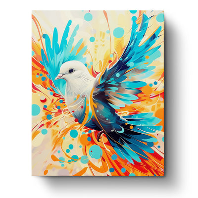 A colorful abstract dove with vibrant blue and orange feathers, part of the Vibrant Winged Dove - Abstract Animals collection by miicreative. Perfect for fostering creativity and mindfulness.