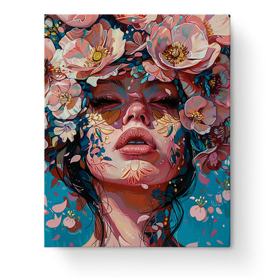 Blossom Serenity - Floral Women painting by miicreative featuring a meditative portrait with vibrant floral elements surrounding a serene face. Ideal for mindfulness and creativity.