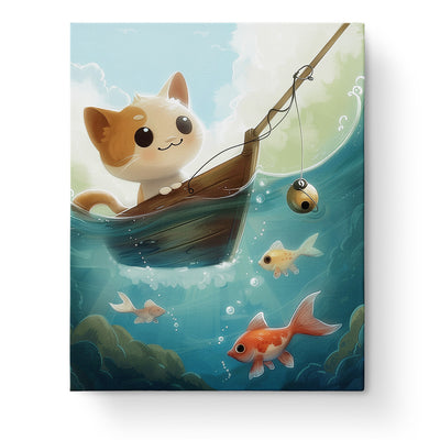 Cat in a boat fishing with colorful fish beneath, from the brand miicreative. Perfect for mindfulness and creativity, featuring vibrant colors and playful themes.