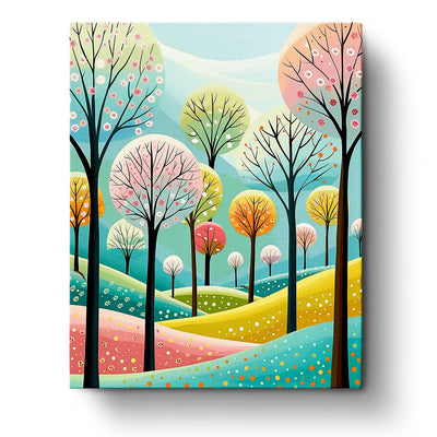 A vivid depiction of a dreamy forest landscape with colorful trees and rolling hills, part of a paint by numbers kit. This miicreative piece highlights mindfulness and creativity through nature's hues. 'Dreamy Forest Landscape - Bohemian Vibes'.