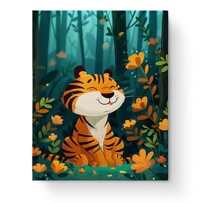 Jungle Tiger Adventure - Kids with miicreative. A cheerful tiger surrounded by vibrant orange flowers in a lush forest. Mindful and creative paint by numbers activity.