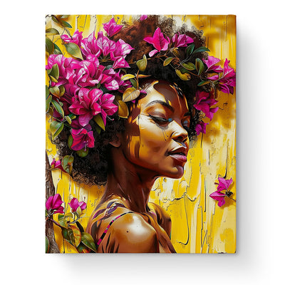 Bougainvillea Elegance painting by miicreative featuring a woman adorned with vibrant pink flowers on a warm yellow backdrop, embodying mindfulness and creativity. A beautiful fixed paint by numbers kit offering calm and artistic expression.