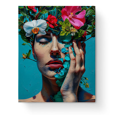 Ethereal Blossom Portrait - Floral Women by miicreative. A serene woman's face adorned with colorful flowers against a turquoise background, highlighting mindfulness and creativity.