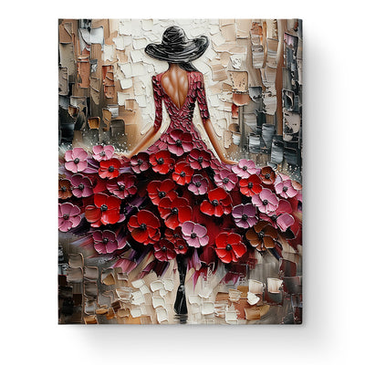 Elegant Stroll in Blossom Dress - Floral Women by miicreative. Features a woman in a vibrant red and pink floral gown with a stylish hat. Embrace mindfulness and unleash creativity with this paint by numbers fixed kit.