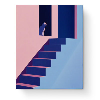 miicreative's Cat on Abstract Stairs - Minimalistic paint by numbers kit. A serene scene with a cat on bold-colored stairs, highlighting mindfulness and creativity.