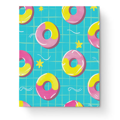 Floating Donuts Pattern - Minimalistic by miicreative. Blue background with pink and yellow donuts, starfish, and waves showcasing creativity and mindfulness.