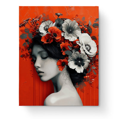 Serene Poppy Dream - Floral Women by miicreative. A calm woman adorned with vibrant red and white poppies on a bold red background. Perfect for creativity and mindfulness.