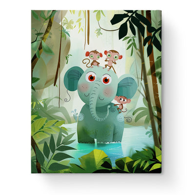 Jungle Friends Painting Set, featuring an adorable elephant and playful monkeys in a lush forest. miicreative brings you a mindful and creative experience with this fixed kit. Perfect for kids.