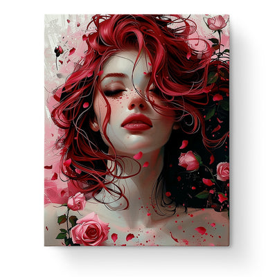 Crimson Elegance - Floral Women by miicreative. A captivating image of a woman with flowing red hair entwined with pink roses. Perfect for mindfulness and creativity.