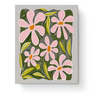 Pink Blooms Serenity - Minimalistic paint by numbers kit from miicreative. Features large pink flowers with green leaves, set against a dark background. Ideal for relaxation and mindfulness through painting.