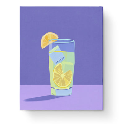 Refreshing Lemonade Glass - Minimalistic paint by numbers kit by miicreative. Features a vibrant lemonade glass with a slice and ice, set against a calming purple backdrop, perfect for a meditative painting experience.