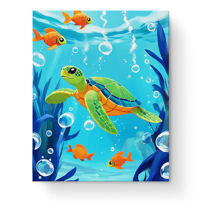 Underwater Turtle Adventure - Kids by miicreative. Bright green turtle swimming with vibrant orange fish in a clear blue ocean. Encouraging mindfulness and creativity for kids.